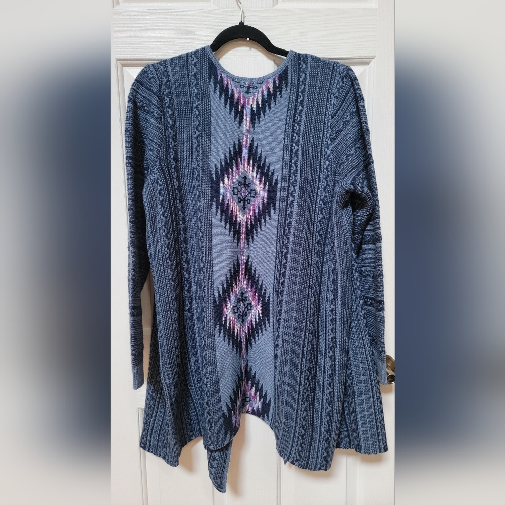 ONE WORLD Blue and Pink Geometric Aztec Cardigan Plus Size 1x - Picture 2 of 3